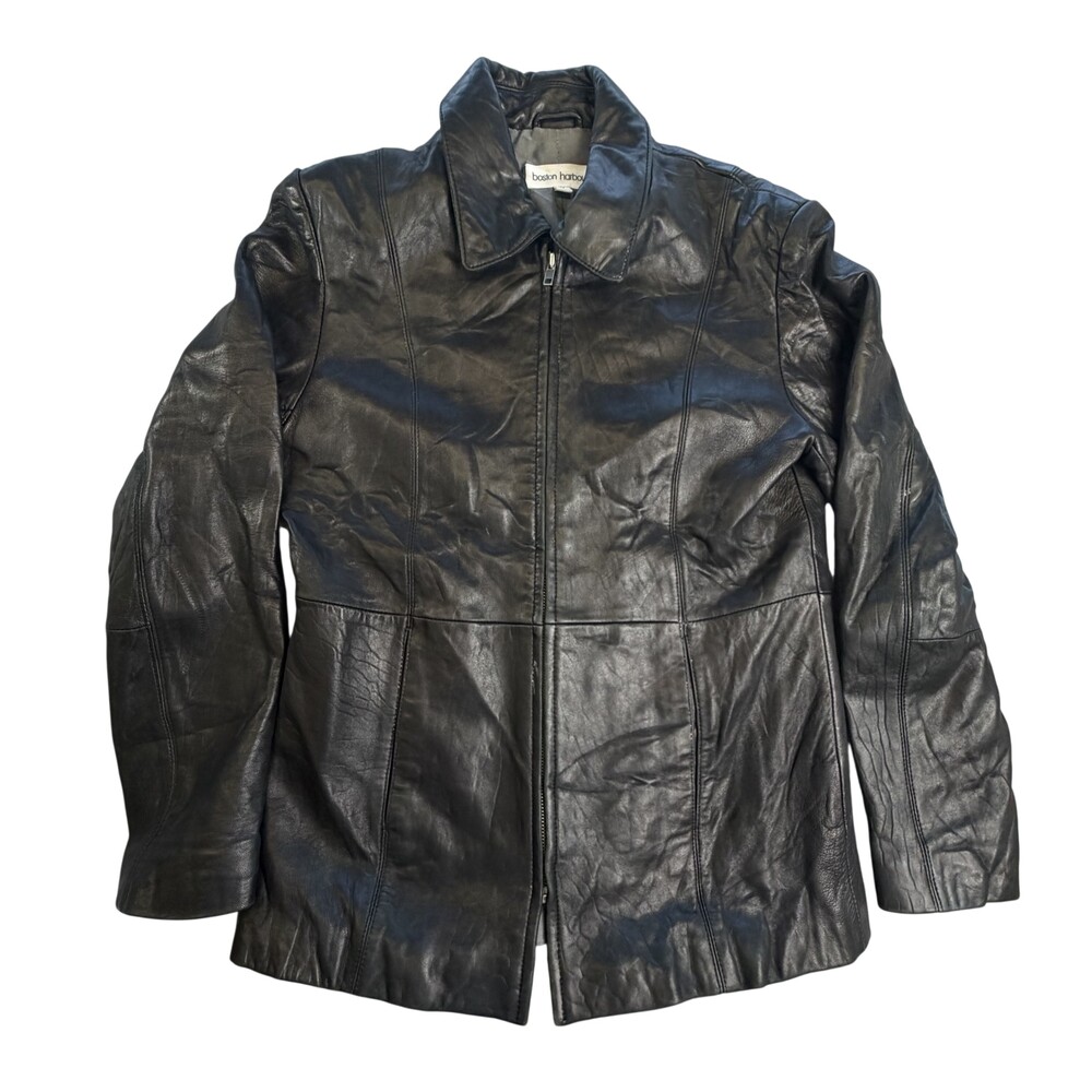 Boston Harbour Coat Womens Medium Black Genuine Leather Zip Lined Mid Length